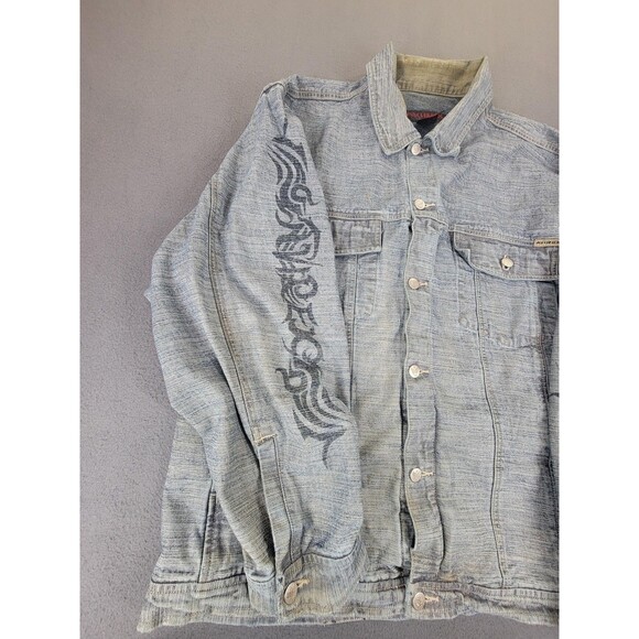 Avirex Denim Jacket Mens 2XL Blue Tribal Sleeve Graphic Button Up Distressed - Picture 7 of 15